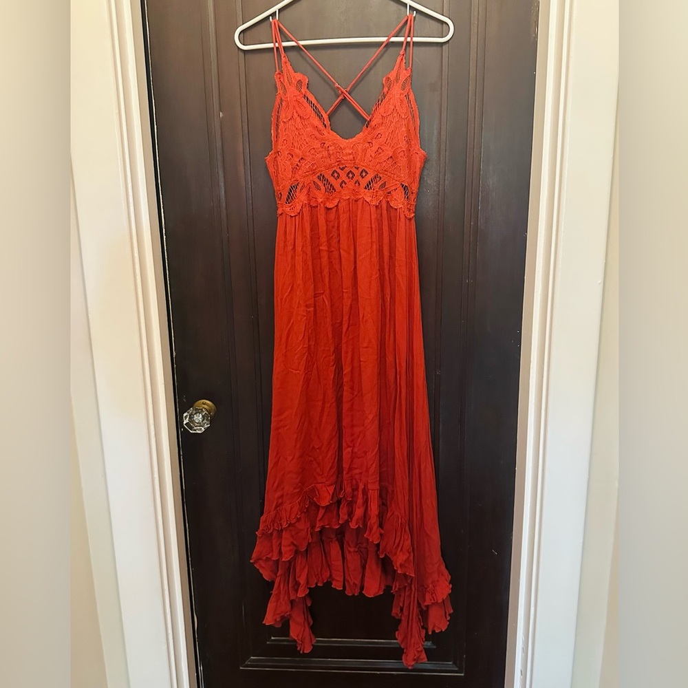 LA MIEL Summer Orange Ruched High Low Sundress